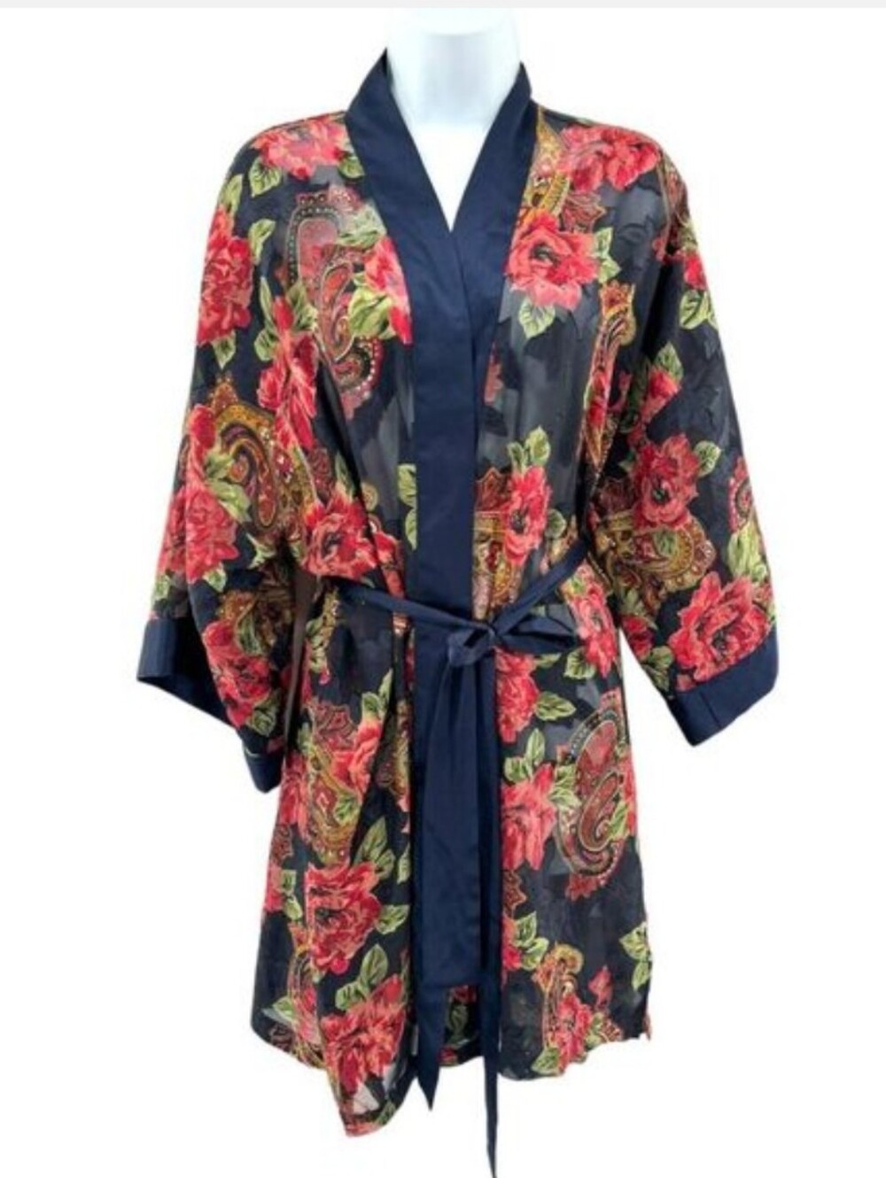 Vintage 80's Chiffon Floral Satin Gold Label Kimono Robe